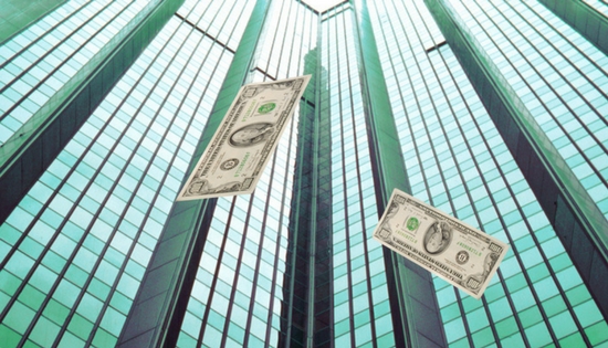 dollars falling from building