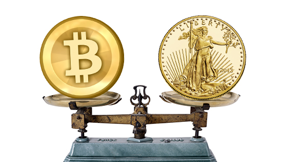 bitcoin and gold on scale