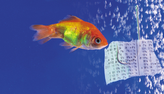 gold fish about to bite a stock ticket on a fishing hook