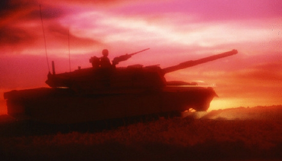 military tank seen from side during dusk
