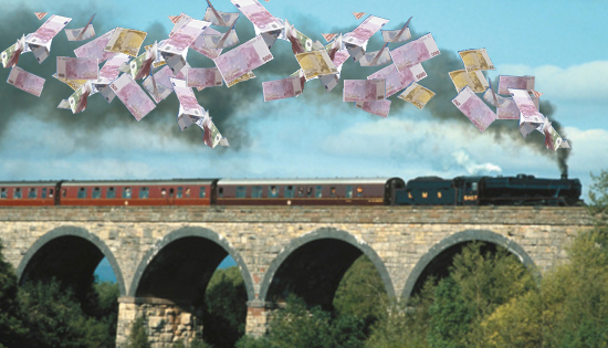 train with euro bills come out of its smoke stack
