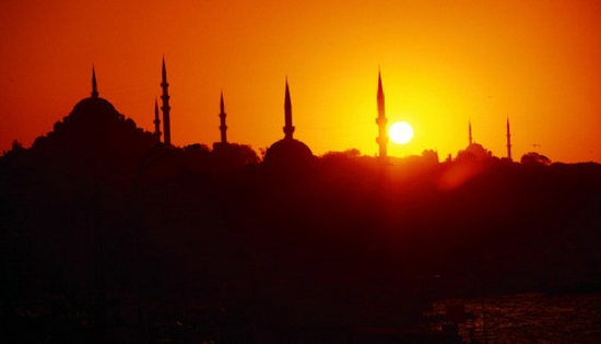 skyline of Turkish city at sunset