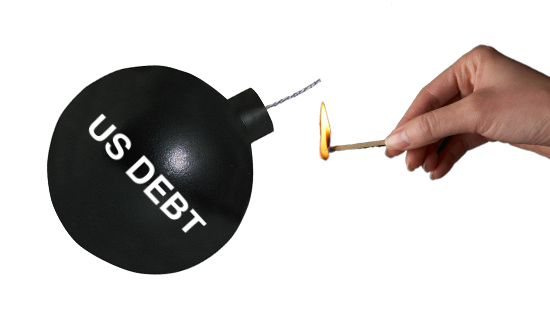 a bomb with US DEBT written on it and a hand lighting the fuse