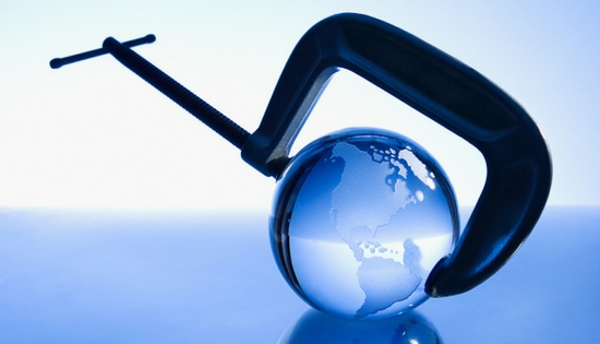 a clamp squeezing a small blue bubble that looks like earth