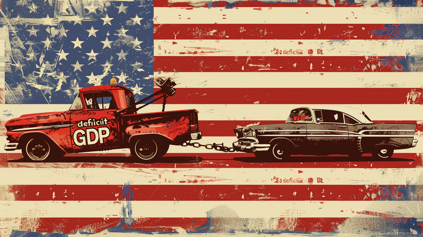 A truck titled "US gdp" tows along another car, the US economy